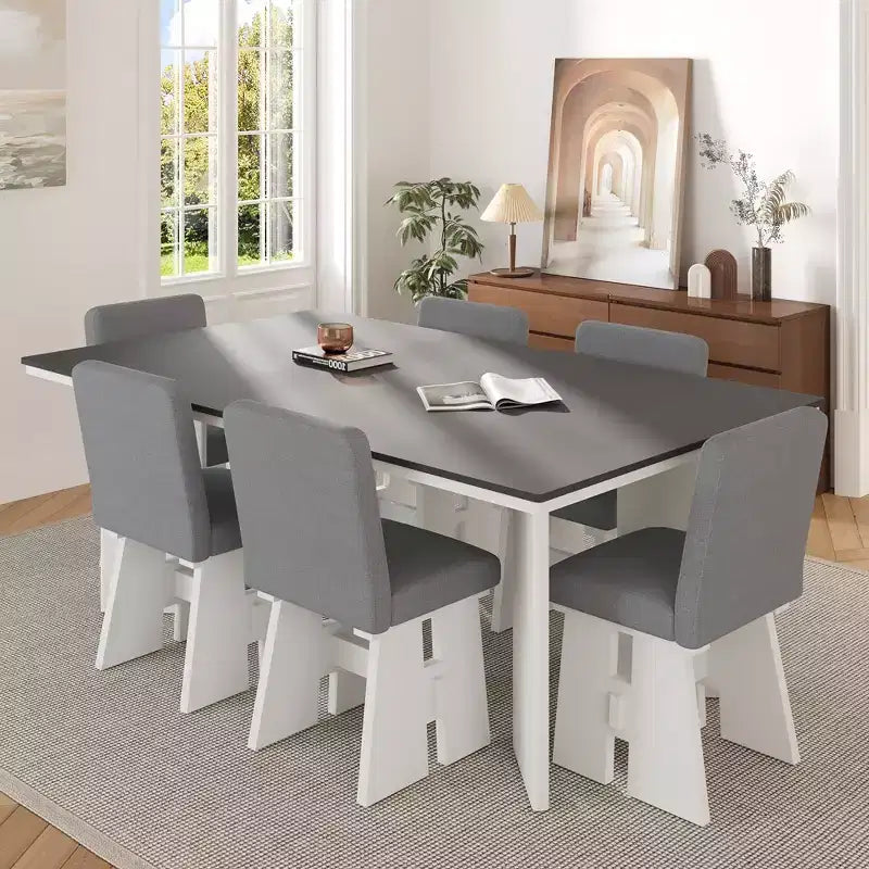 7 Piece Dining Table with 6 Upholstered Dining Chairs, Retro and Rustic, Natural/Gray+White