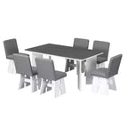 7 Piece Dining Table with 6 Upholstered Dining Chairs, Retro and Rustic, Natural/Gray+White