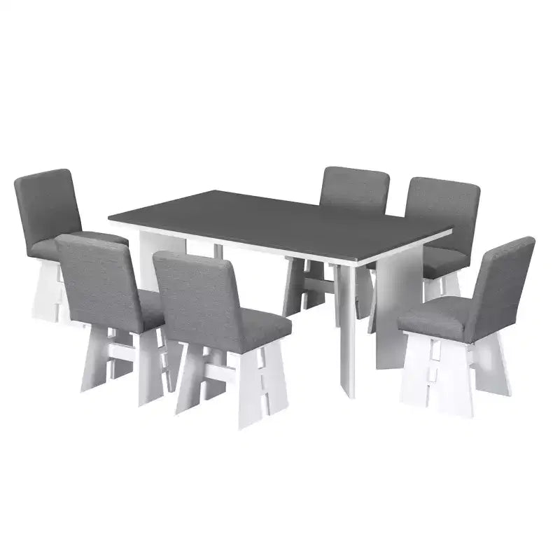 7 Piece Dining Table with 6 Upholstered Dining Chairs, Retro and Rustic, Natural/Gray+White