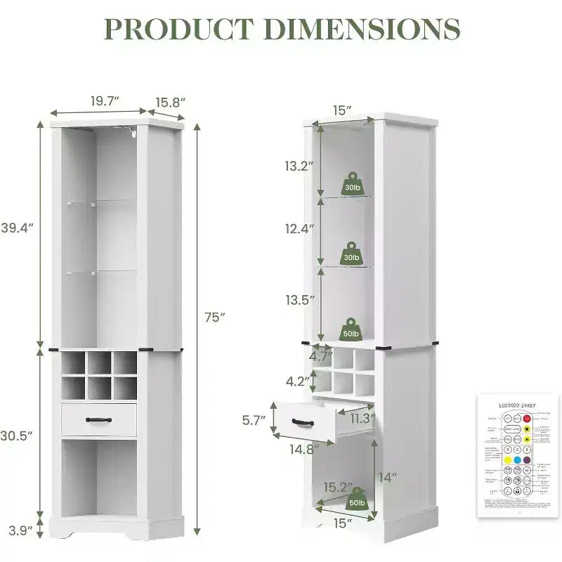 75 Inches Tall Storage Cabinet with LED Light, Farmhouse Pantry Cabinet with Tempered Glass Adjustable Shelves, Wine Storage Rack