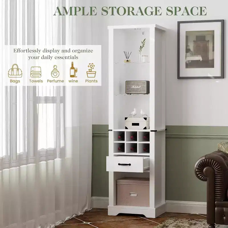 75 Inches Tall Storage Cabinet with LED Light, Farmhouse Pantry Cabinet with Tempered Glass Adjustable Shelves, Wine Storage Rack
