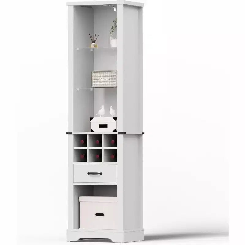 75 Inches Tall Storage Cabinet with LED Light, Farmhouse Pantry Cabinet with Tempered Glass Adjustable Shelves, Wine Storage Rack