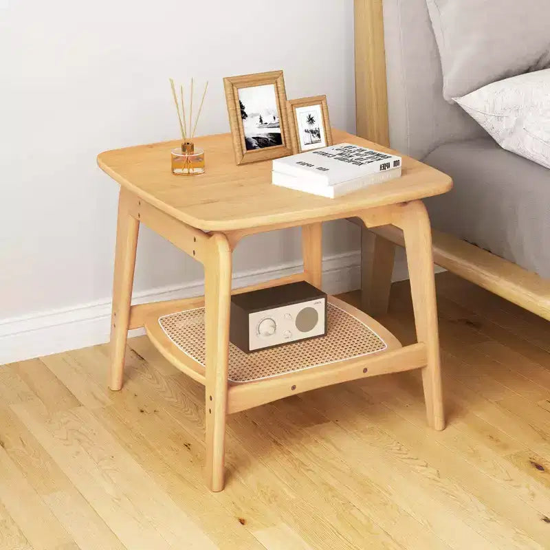 1/2 PCS Bamboo Sofa Side Table with Faux Rattan Storage Shelf Boho End Table Living Room