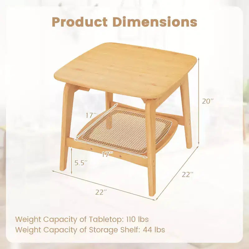 1/2 PCS Bamboo Sofa Side Table with Faux Rattan Storage Shelf Boho End Table Living Room