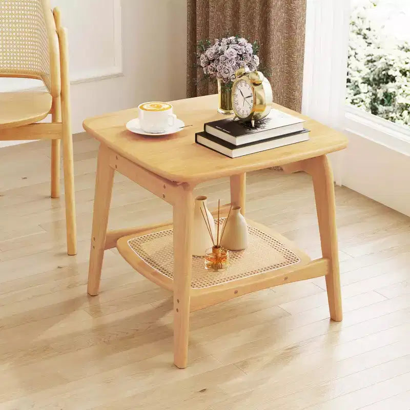 1/2 PCS Bamboo Sofa Side Table with Faux Rattan Storage Shelf Boho End Table Living Room