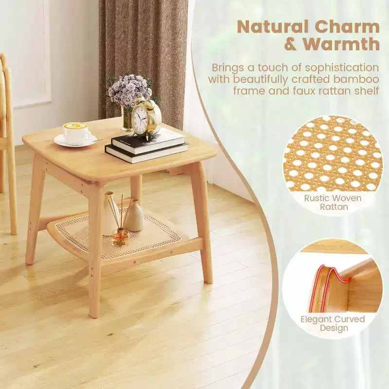 1/2 PCS Bamboo Sofa Side Table with Faux Rattan Storage Shelf Boho End Table Living Room