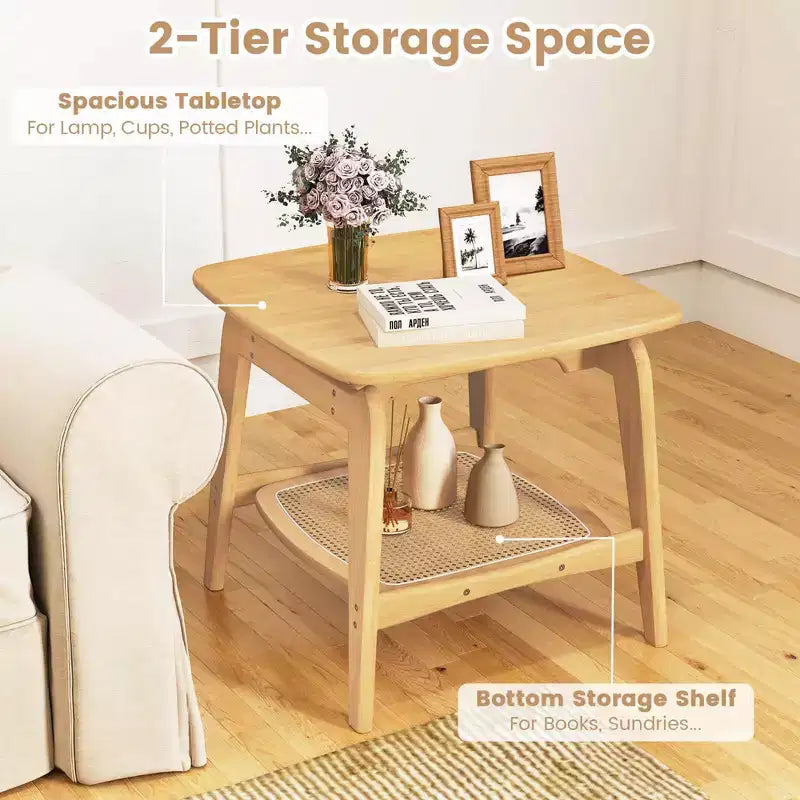 1/2 PCS Bamboo Sofa Side Table with Faux Rattan Storage Shelf Boho End Table Living Room
