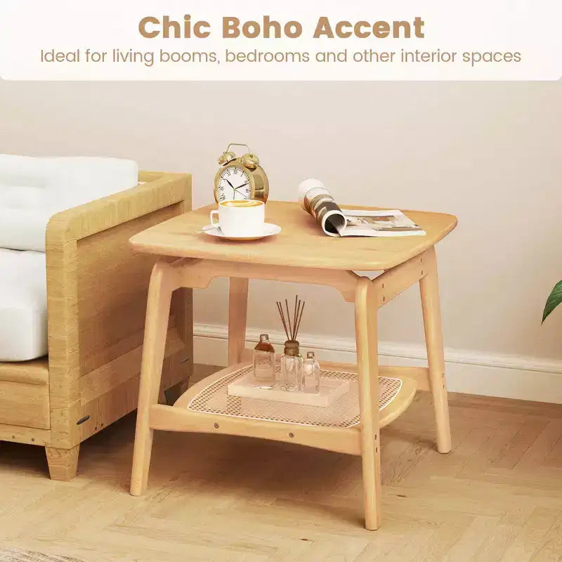 1/2 PCS Bamboo Sofa Side Table with Faux Rattan Storage Shelf Boho End Table Living Room