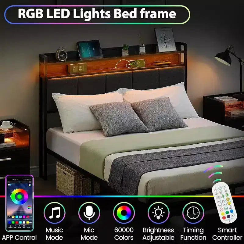 Bed Frame with Storage Headboard, LED Lights, Charging Station, 2 Drawers, No Box Spring Needed, Easy Assembly
