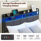 Bed Frame with Storage Headboard, LED Lights, Charging Station, 2 Drawers, No Box Spring Needed, Easy Assembly