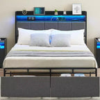 Bed Frame with Storage Headboard, LED Lights, Charging Station, 2 Drawers, No Box Spring Needed, Easy Assembly
