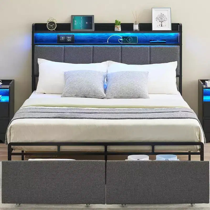Bed Frame with Storage Headboard, LED Lights, Charging Station, 2 Drawers, No Box Spring Needed, Easy Assembly