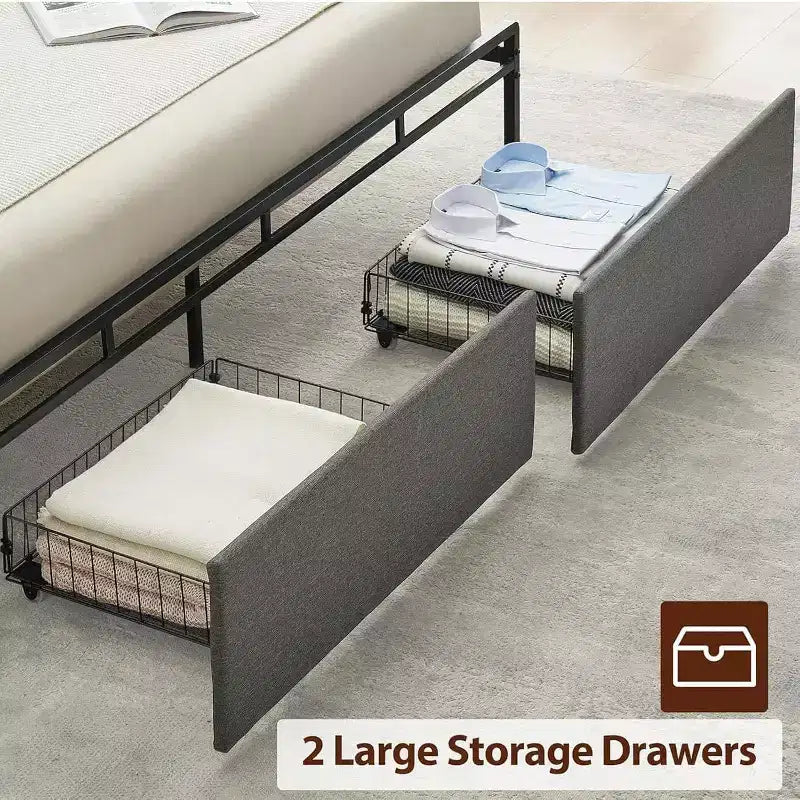 Bed Frame with Storage Headboard, LED Lights, Charging Station, 2 Drawers, No Box Spring Needed, Easy Assembly