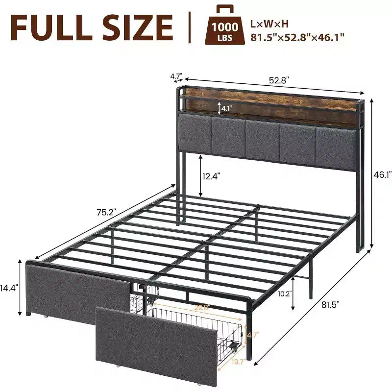 Bed Frame with Storage Headboard, LED Lights, Charging Station, 2 Drawers, No Box Spring Needed, Easy Assembly