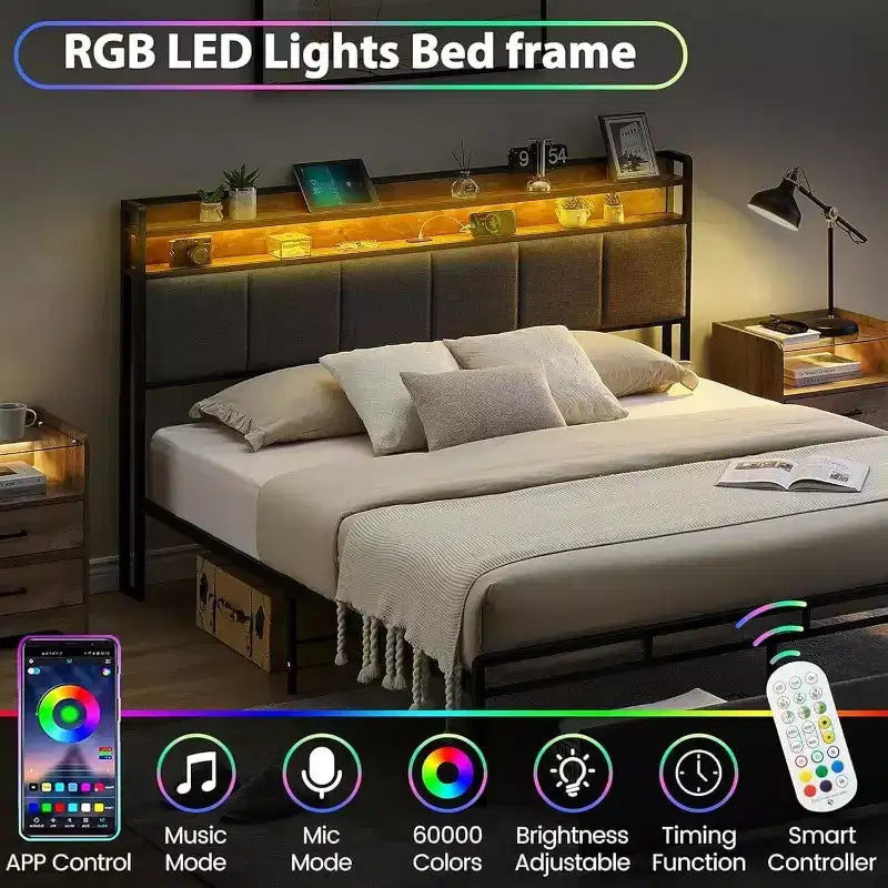 Bed Frame with Storage Headboard, LED Lights, Charging Station, 2 Drawers, No Box Spring Needed, Easy Assembly