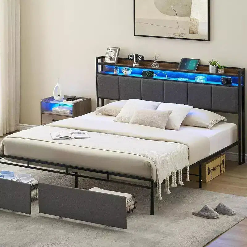 Bed Frame with Storage Headboard, LED Lights, Charging Station, 2 Drawers, No Box Spring Needed, Easy Assembly