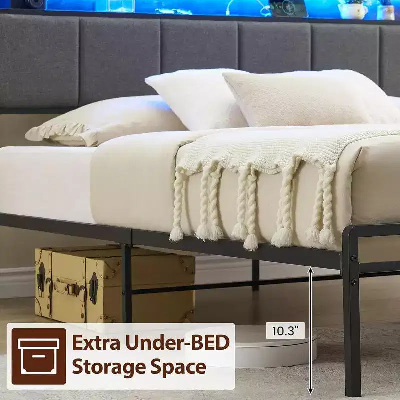 Bed Frame with Storage Headboard, LED Lights, Charging Station, 2 Drawers, No Box Spring Needed, Easy Assembly
