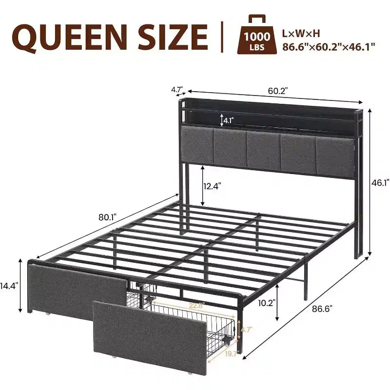Bed Frame with Storage Headboard, LED Lights, Charging Station, 2 Drawers, No Box Spring Needed, Easy Assembly