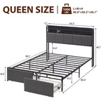 Bed Frame with Storage Headboard, LED Lights, Charging Station, 2 Drawers, No Box Spring Needed, Easy Assembly