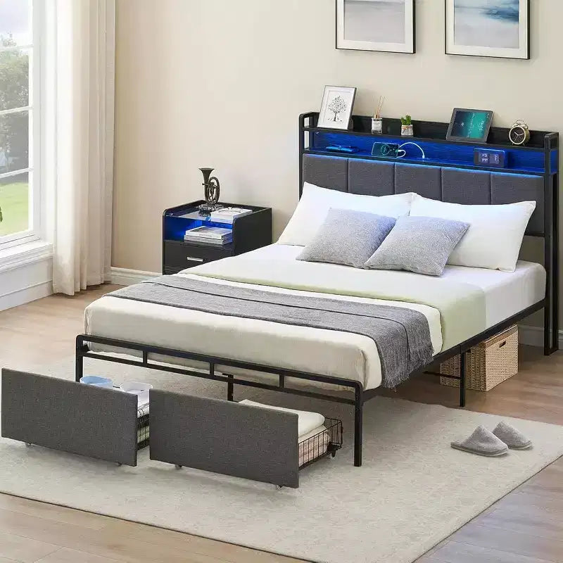 Bed Frame with Storage Headboard, LED Lights, Charging Station, 2 Drawers, No Box Spring Needed, Easy Assembly