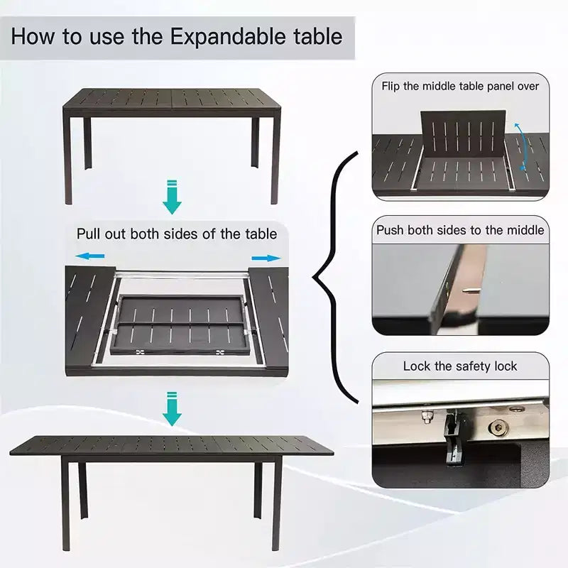 Outdoor Patio Expandable 65-95 Dining Table, Metal Aluminum 6-8 Person Rectangular Table