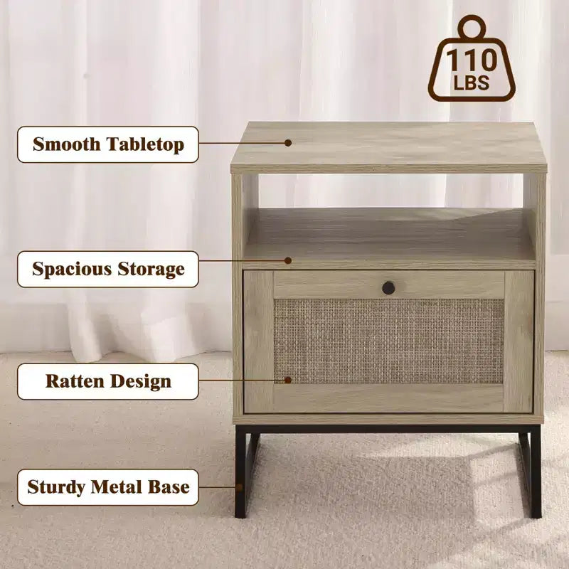 Rattan Nightstand, Boho Bedside Table with Storage Drawer & Metal Legs, Farmhouse Wood Small Night Stand End Table for Bedroom Living Room