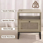 Rattan Nightstand, Boho Bedside Table with Storage Drawer & Metal Legs, Farmhouse Wood Small Night Stand End Table for Bedroom Living Room