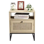 Rattan Nightstand, Boho Bedside Table with Storage Drawer & Metal Legs, Farmhouse Wood Small Night Stand End Table for Bedroom Living Room