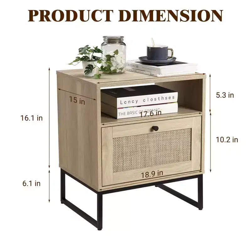 Rattan Nightstand, Boho Bedside Table with Storage Drawer & Metal Legs, Farmhouse Wood Small Night Stand End Table for Bedroom Living Room