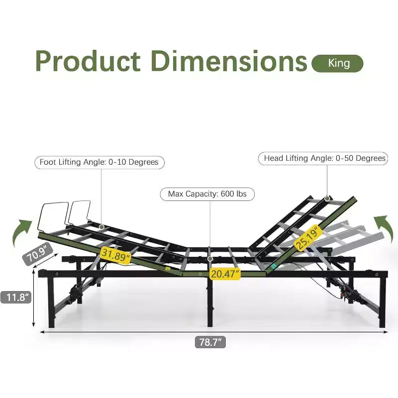 Adjustable Bed Frame Electric Bed Base with Wired Remote, Ergonomic Foot and Head Incline Function, King