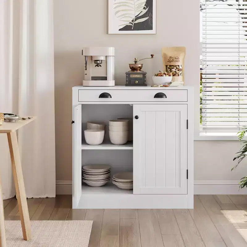 White Sideboard Buffet Cabinet, Wooden Coffee Bar Cabinet with Drawer, Adjustable Shelf, Farmhouse Storage Cabinets
