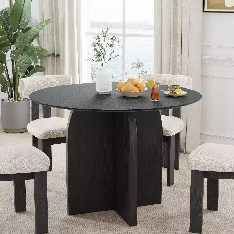 42 x 42 Solid Wood Round Dining Table with Black Finish and Elegant Arched Legs for Modern Dining Rooms & Kitchens