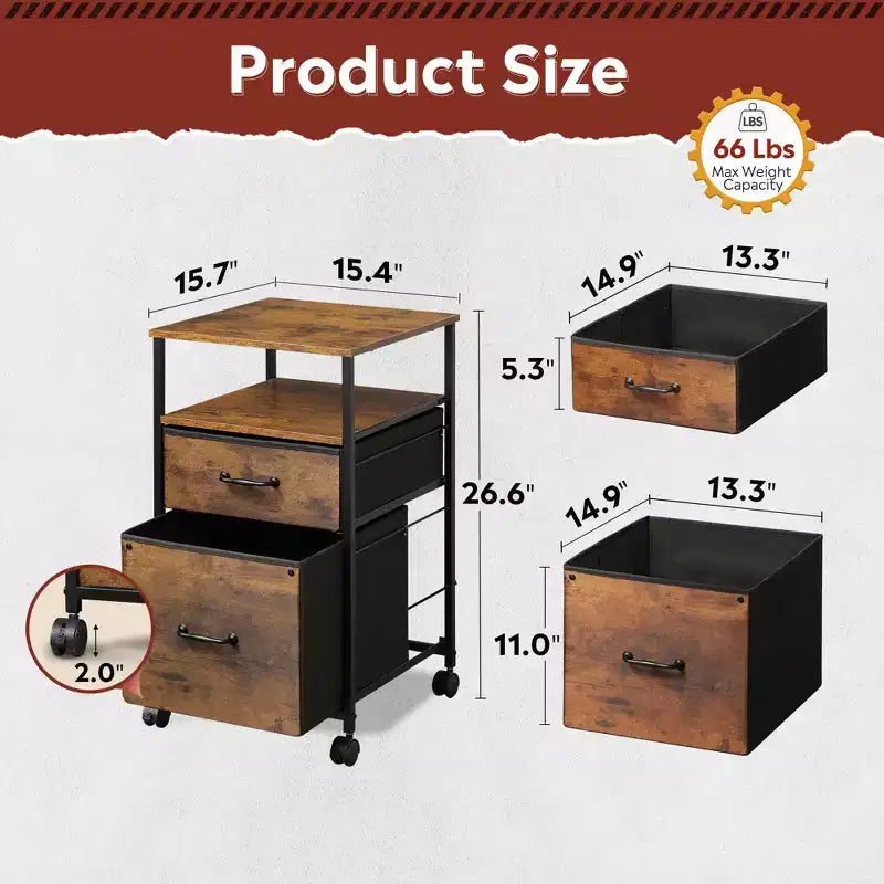 Filing Cabinet 2 Drawer Mobile with Open Storage Shelf, Rolling Printer Stand for Home Office, Fits A4 Size, Rustic Brown Wood Grain