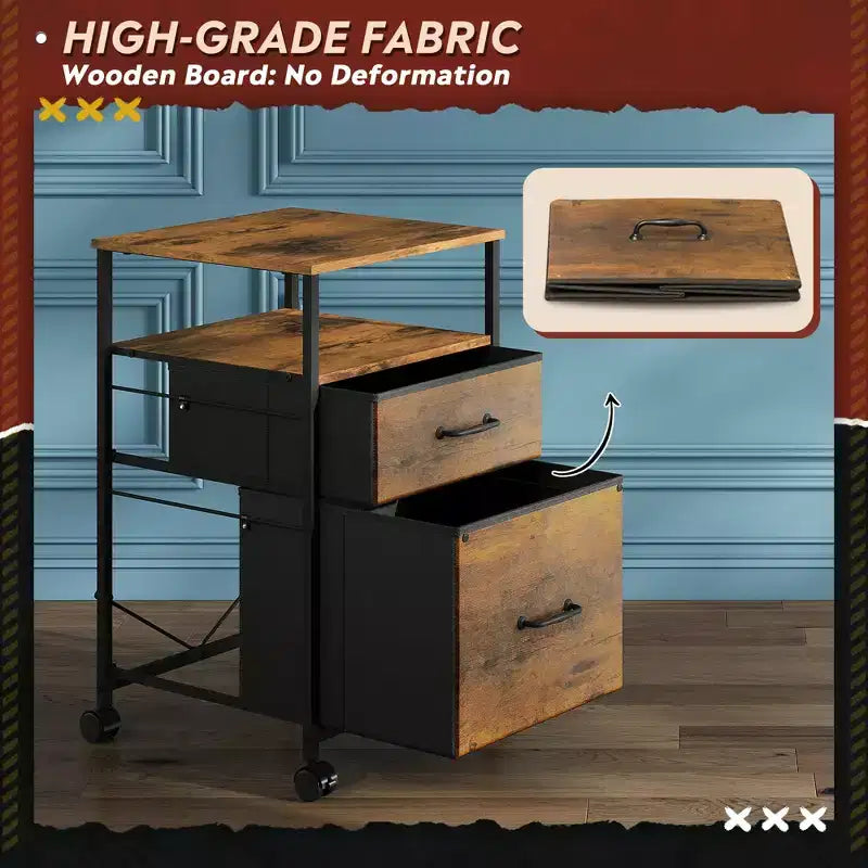 Filing Cabinet 2 Drawer Mobile with Open Storage Shelf, Rolling Printer Stand for Home Office, Fits A4 Size, Rustic Brown Wood Grain