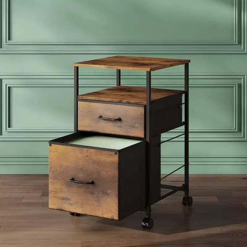 Filing Cabinet 2 Drawer Mobile with Open Storage Shelf, Rolling Printer Stand for Home Office, Fits A4 Size, Rustic Brown Wood Grain