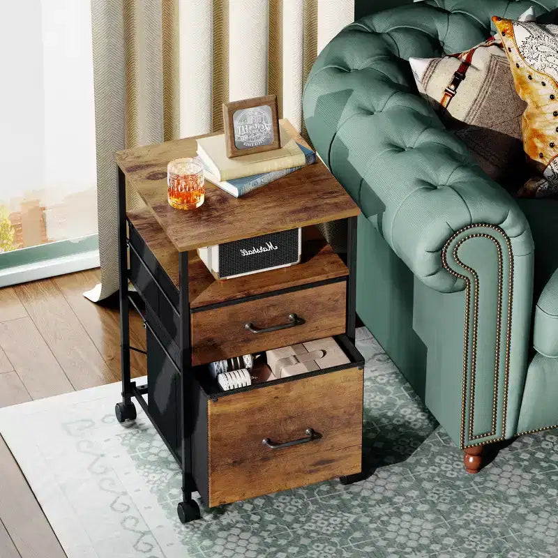 Filing Cabinet 2 Drawer Mobile with Open Storage Shelf, Rolling Printer Stand for Home Office, Fits A4 Size, Rustic Brown Wood Grain