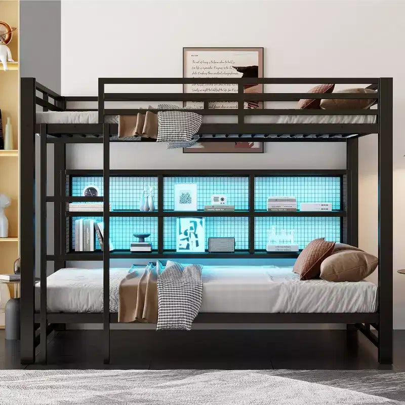 Metal Queen over Queen Bunk Bed with Storage Cabinets and LED, Black