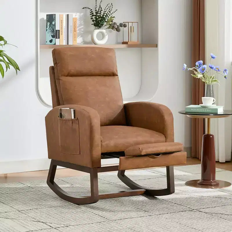 Rocking Chair Nursery Chair with Foot Rest, Recliner Armchair with High Backrest& Wood Legs and Side Pocket for Living Room, Bedroom,Grey