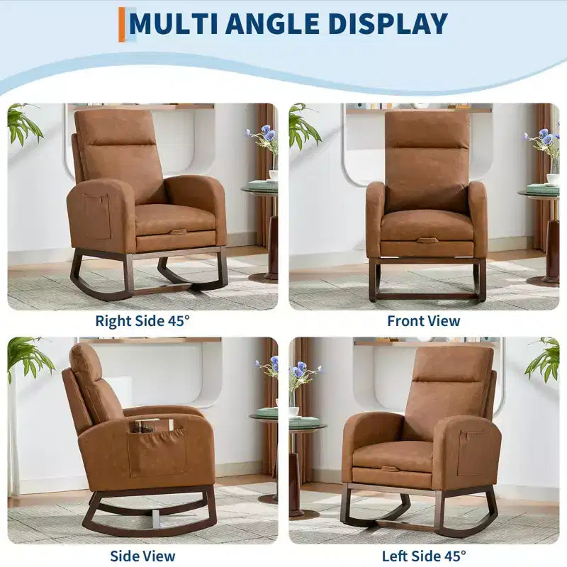 Rocking Chair Nursery Chair with Foot Rest, Recliner Armchair with High Backrest& Wood Legs and Side Pocket for Living Room, Bedroom,Grey
