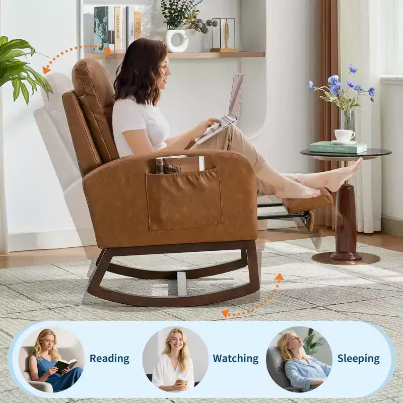 Rocking Chair Nursery Chair with Foot Rest, Recliner Armchair with High Backrest& Wood Legs and Side Pocket for Living Room, Bedroom,Grey
