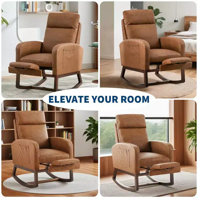 Rocking Chair Nursery Chair with Foot Rest, Recliner Armchair with High Backrest& Wood Legs and Side Pocket for Living Room, Bedroom,Grey