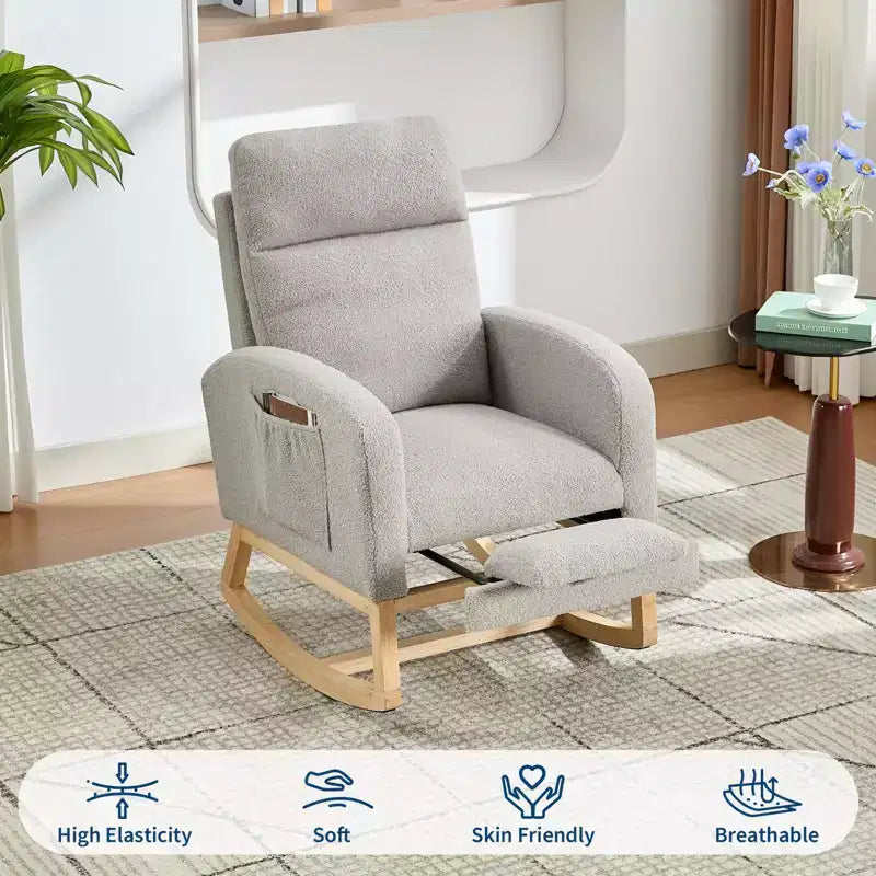Rocking Chair Nursery Chair with Foot Rest, Recliner Armchair with High Backrest& Wood Legs and Side Pocket for Living Room, Bedroom,Grey
