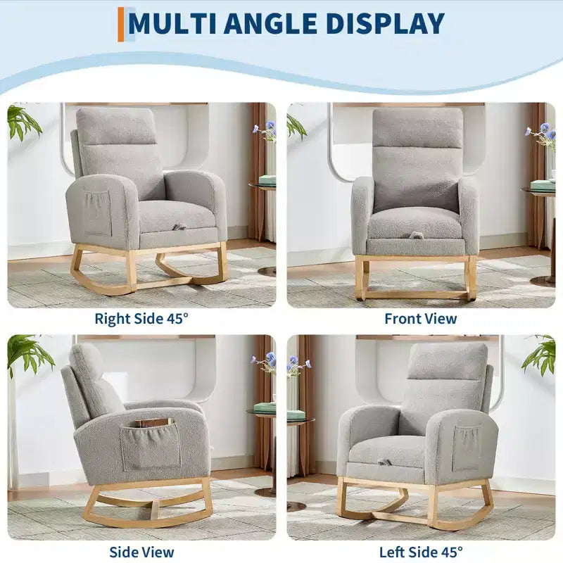 Rocking Chair Nursery Chair with Foot Rest, Recliner Armchair with High Backrest& Wood Legs and Side Pocket for Living Room, Bedroom,Grey