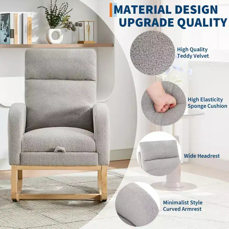 Rocking Chair Nursery Chair with Foot Rest, Recliner Armchair with High Backrest& Wood Legs and Side Pocket for Living Room, Bedroom,Grey