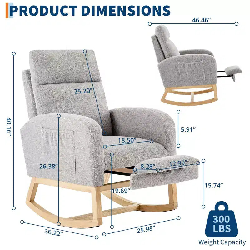 Rocking Chair Nursery Chair with Foot Rest, Recliner Armchair with High Backrest& Wood Legs and Side Pocket for Living Room, Bedroom,Grey