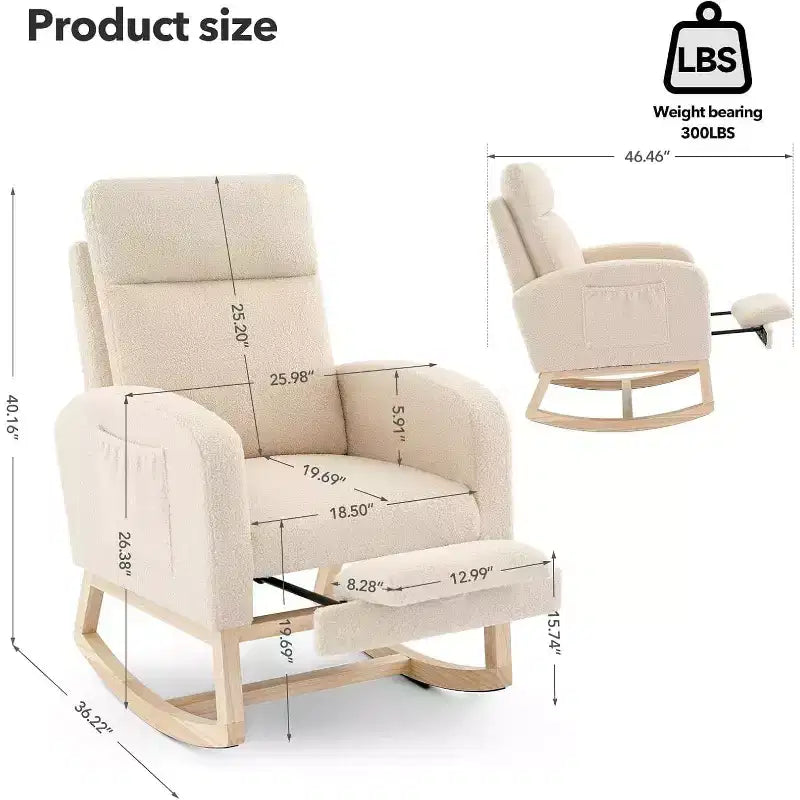 Rocking Chair Nursery Chair with Foot Rest, Recliner Armchair with High Backrest& Wood Legs and Side Pocket for Living Room, Bedroom,Grey