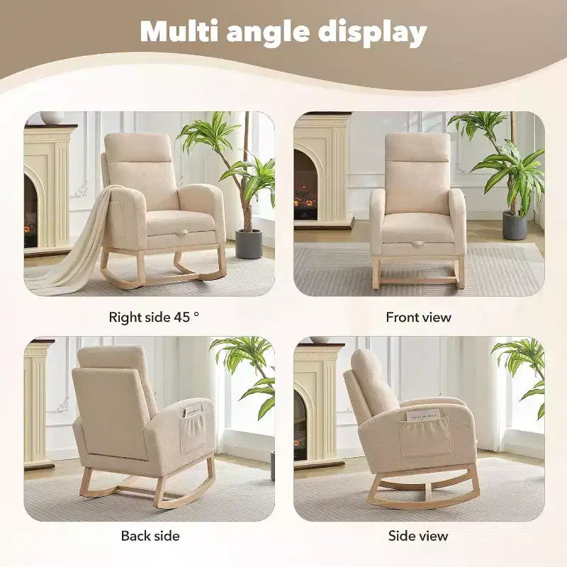 Rocking Chair Nursery Chair with Foot Rest, Recliner Armchair with High Backrest& Wood Legs and Side Pocket for Living Room, Bedroom,Grey