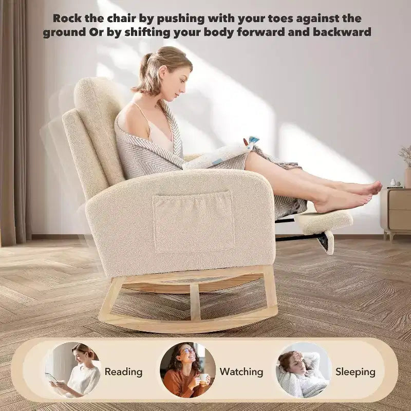 Rocking Chair Nursery Chair with Foot Rest, Recliner Armchair with High Backrest& Wood Legs and Side Pocket for Living Room, Bedroom,Grey