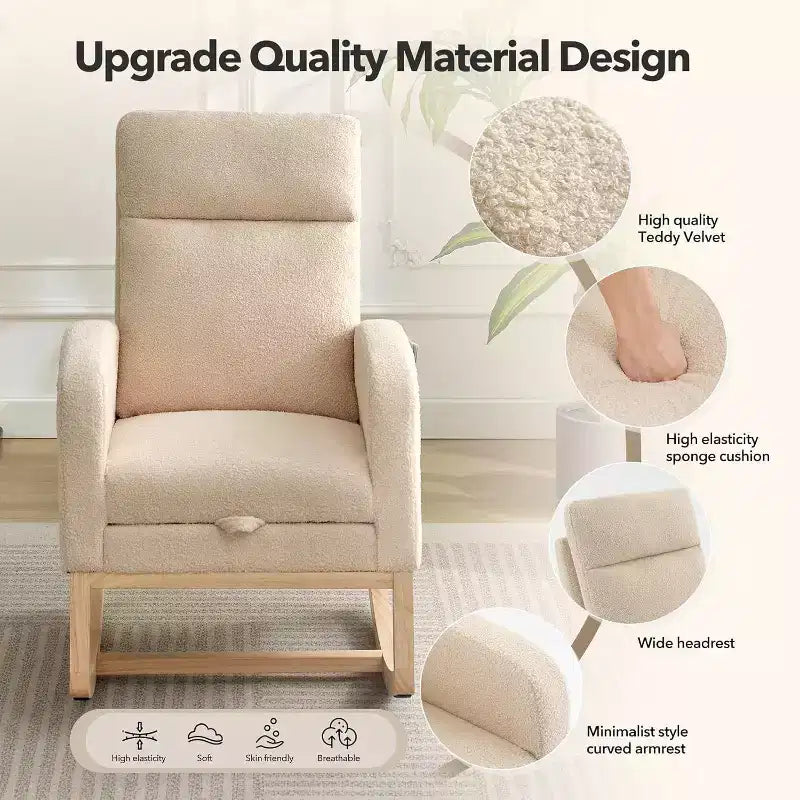 Rocking Chair Nursery Chair with Foot Rest, Recliner Armchair with High Backrest& Wood Legs and Side Pocket for Living Room, Bedroom,Grey