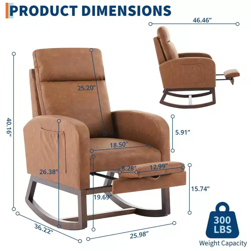 Rocking Chair Nursery Chair with Foot Rest, Recliner Armchair with High Backrest& Wood Legs and Side Pocket for Living Room, Bedroom,Grey